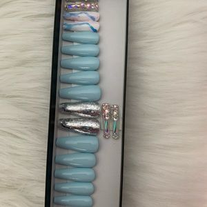 Blue, silver, marble, and bling press on nails